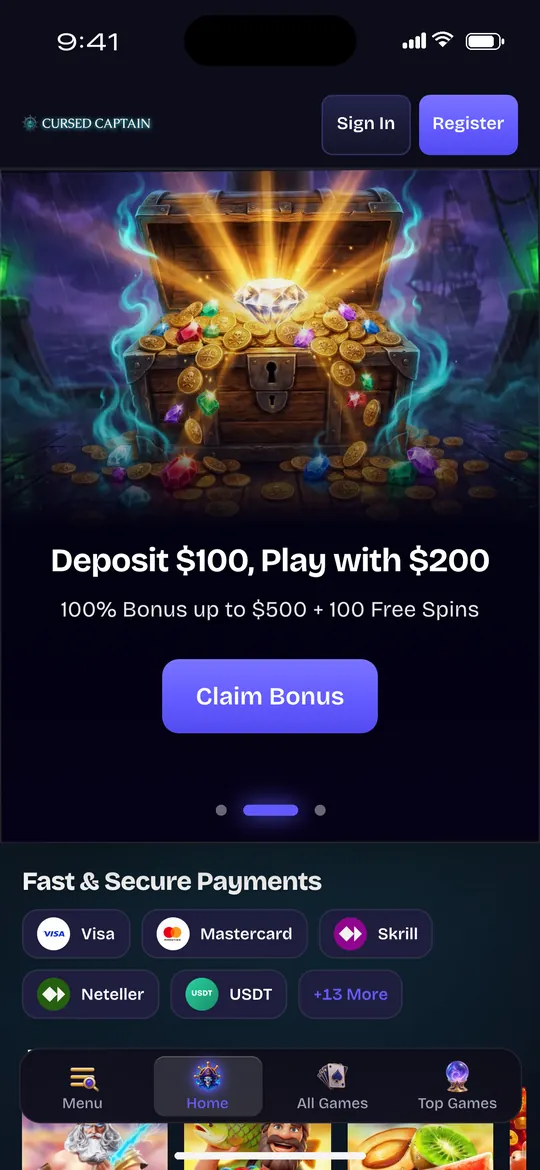 The Cursed Captain mobile site on an iPhone, with the welcome offer and payment methods